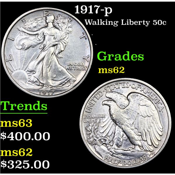 1917-p Walking Liberty Half Dollar 50c Grades Select Unc