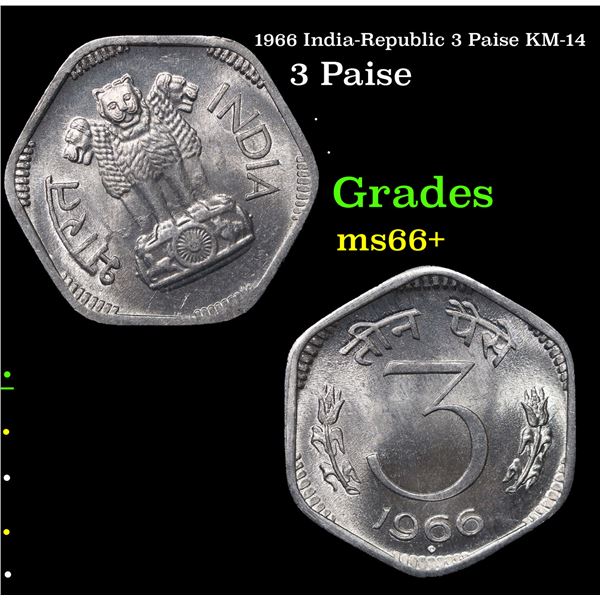1966 India-Republic 3 Paise KM-14 Grades GEM++ Unc