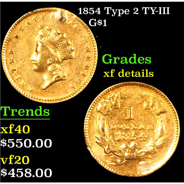 1854 Type 2 Gold Dollar TY-III $1 Grades xf details