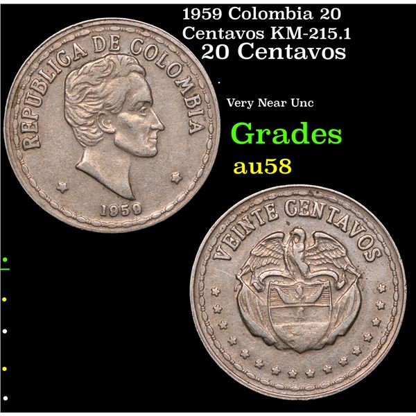 1959 Colombia 20 Centavos KM-215.1 Grades Choice AU/BU Slider