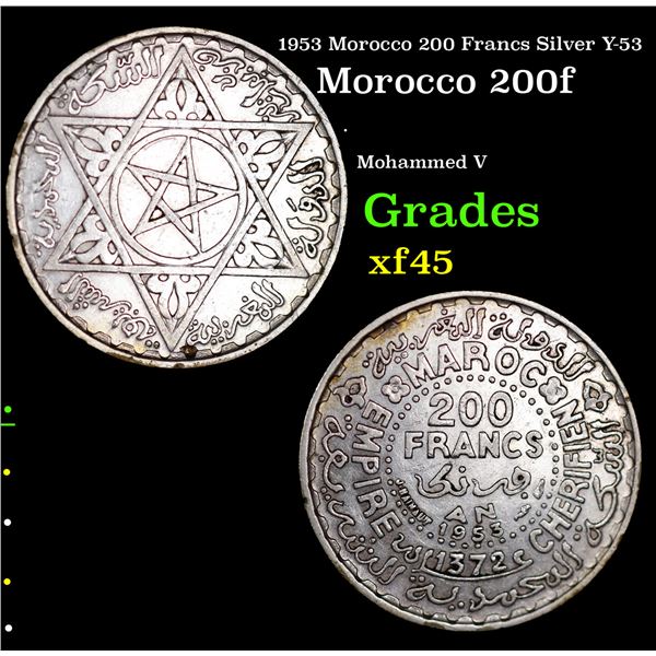 1953 Morocco 200 Francs Silver Y-53 Grades xf+