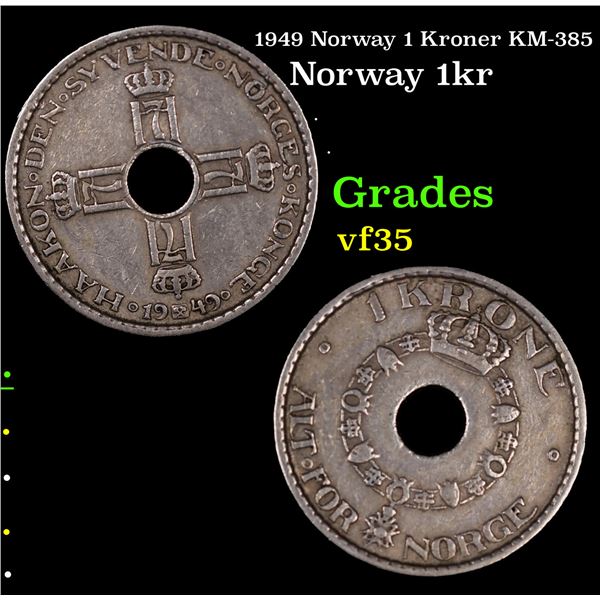 1949 Norway 1 Kroner KM-385 Grades vf++