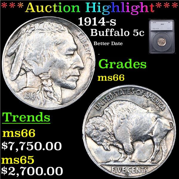 ***Auction Highlight*** 1914-s Buffalo Nickel 5c Graded ms66 BY SEGS (fc)