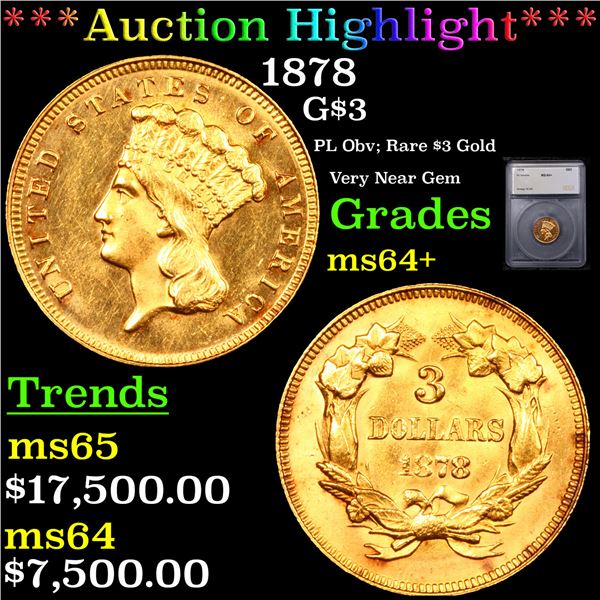 ***Auction Highlight*** 1878 Three Dollar Gold 3 Graded ms64+ BY SEGS (fc)