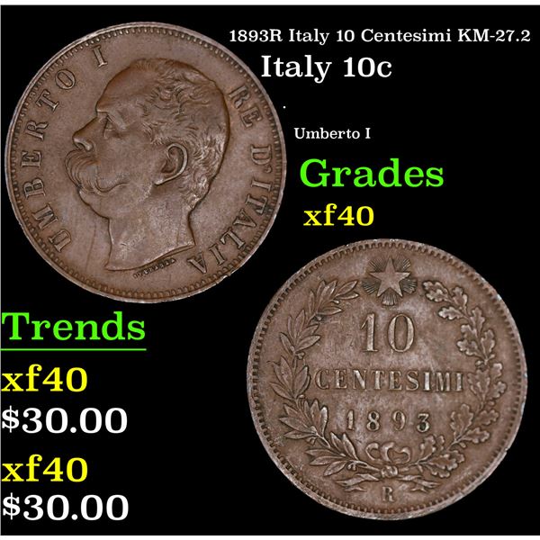 1893R Italy 10 Centesimi KM-27.2 Grades xf