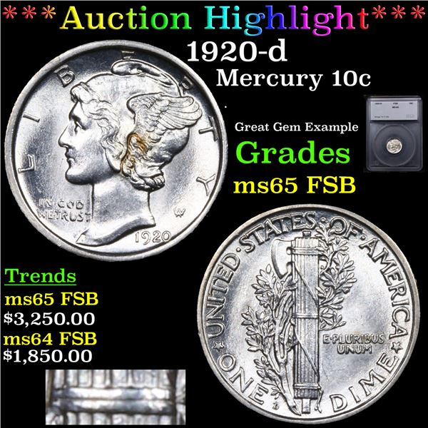 ***Auction Highlight*** 1920-d Mercury Dime 10c Graded ms65 FSB BY SEGS (fc)
