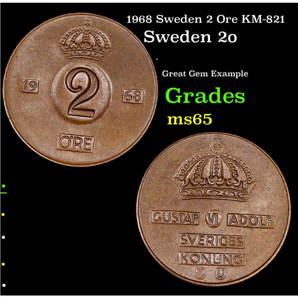 1968 Sweden 2 Ore KM-821 Grades GEM Unc