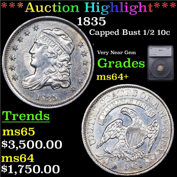 ***Auction Highlight*** 1835 Capped Bust Half Dime 1/2 10c Graded ms64+ BY SEGS (fc)