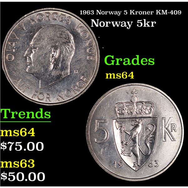 1963 Norway 5 Kroner KM-409 Grades Choice Unc