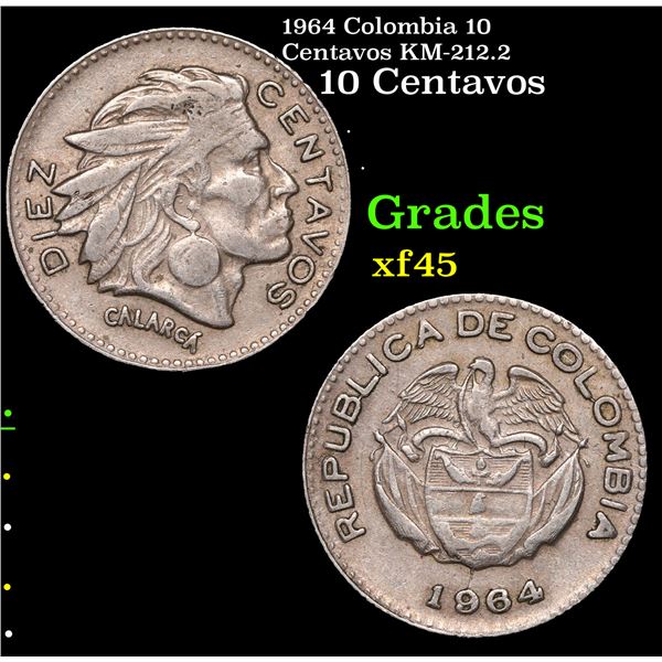 1964 Colombia 10 Centavos KM-212.2 Grades xf+