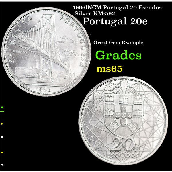 1966INCM Portugal 20 Escudos Silver KM-592 Grades GEM Unc
