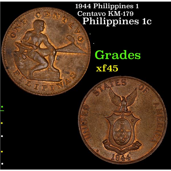 1944 Philippines 1 Centavo KM-179 Grades xf+