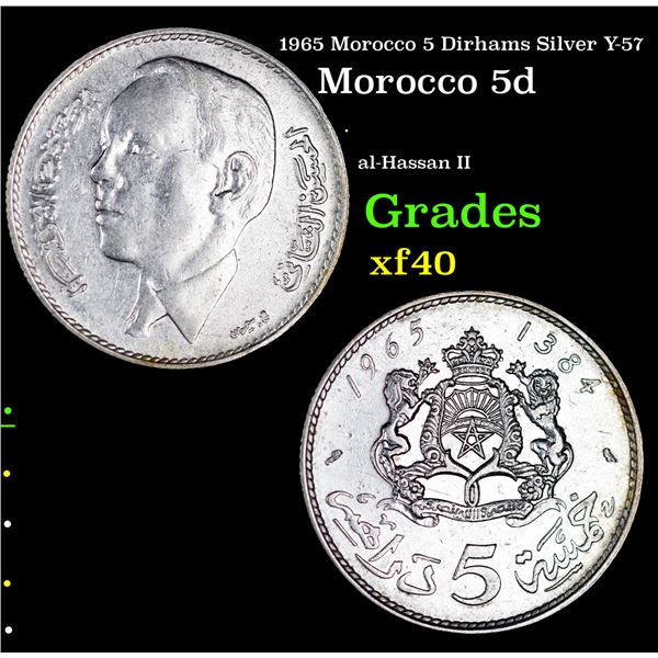 1965 Morocco 5 Dirhams Silver Y-57 Grades xf