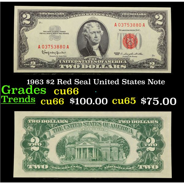 1963 $2 Red Seal United States Note Grades Gem+ CU