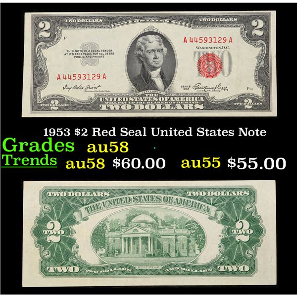 1953 $2 Red Seal United States Note Grades Choice AU/BU Slider