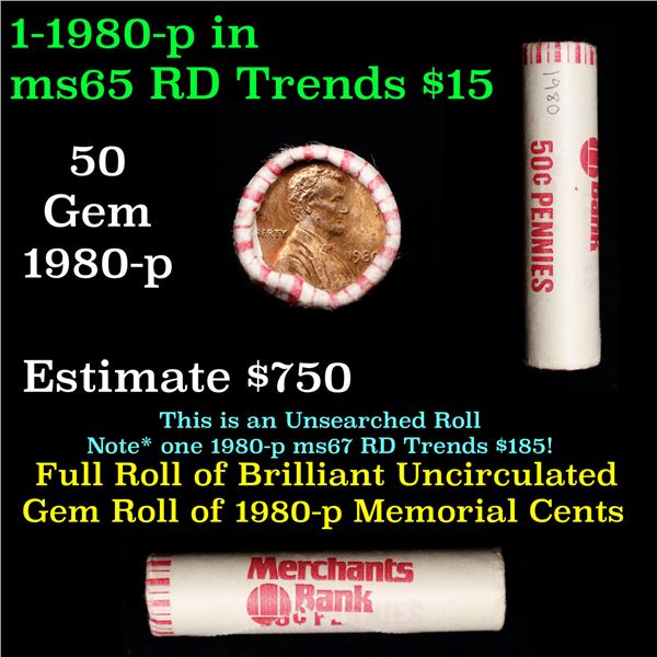 Shotgun Lincoln 1c roll,Merchants Bank Wrapper 1980-p 50 pcs