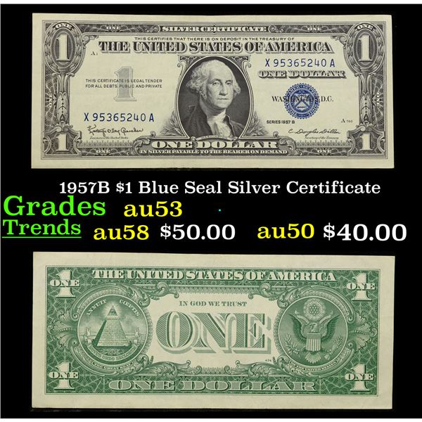 1957B $1 Blue Seal Silver Certificate Grades Select AU