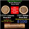 Mixed small cents 1c orig shotgun roll, 1918-S Wheat Cent, 1887 Indian Cent other end, Brinks Wrappe