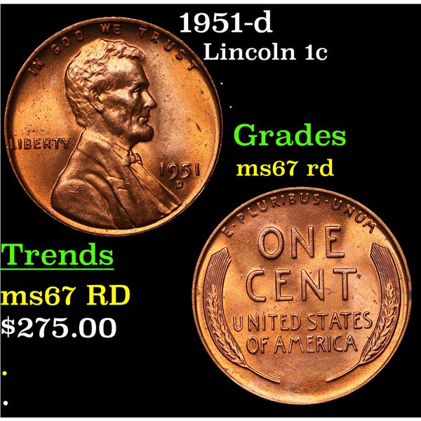 1951-d Lincoln Cent 1c Grades GEM++ Unc RD