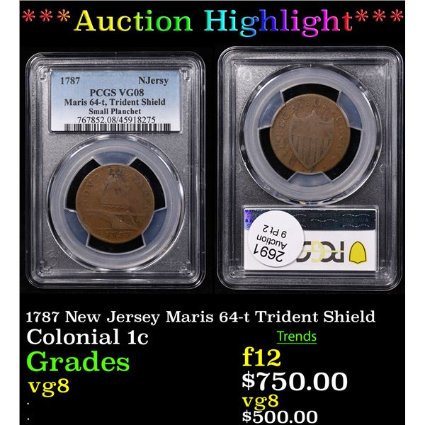 ***Auction Highlight*** PCGS 1787 New Jersey Maris 64-t Trident Shield Colonial Cent 1c Graded vg8 B