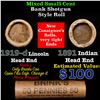 Image 1 : Mixed small cents 1c orig shotgun roll, 1919-D Wheat Cent, 1891 Indian Cent other end, Brinks Wrappe