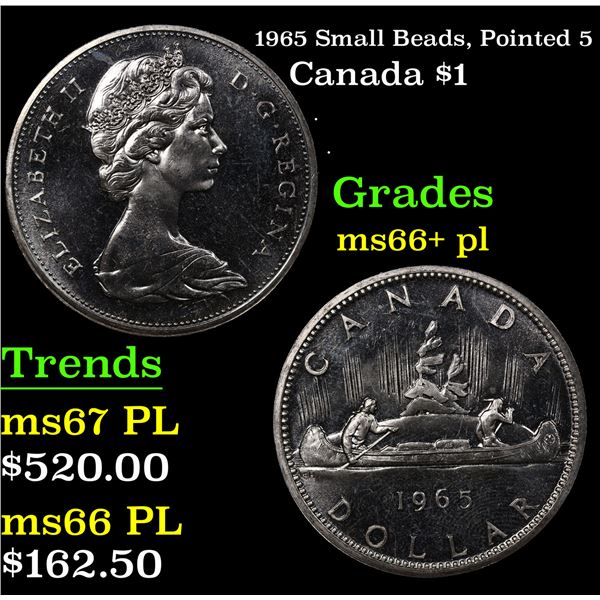 1965 Small Beads, Pointed 5 Canada Dollar $1 Grades GEM++ PL