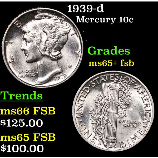 1939-d Mercury Dime 10c Grades GEM+ FSB