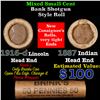 Image 1 : Mixed small cents 1c orig shotgun roll, 1916-D Wheat Cent, 1887 Indian Cent other end, Brinks Wrappe