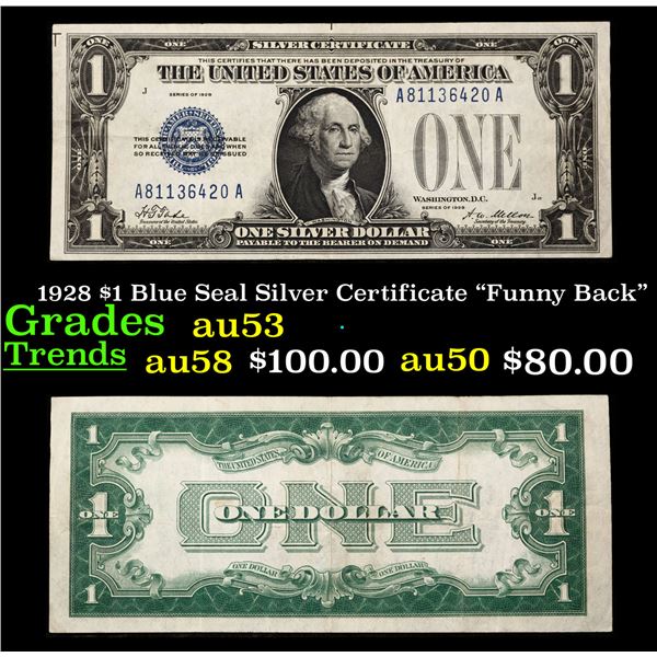 1928 $1 Blue Seal Silver Certificate "Funny Back" Grades Select AU