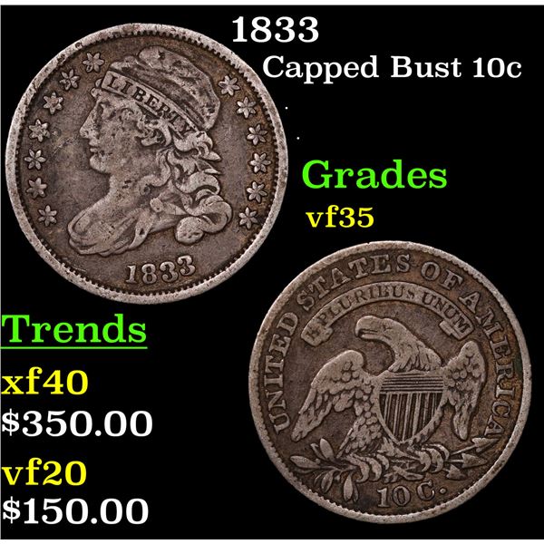 1833 Capped Bust Dime 10c Grades vf++