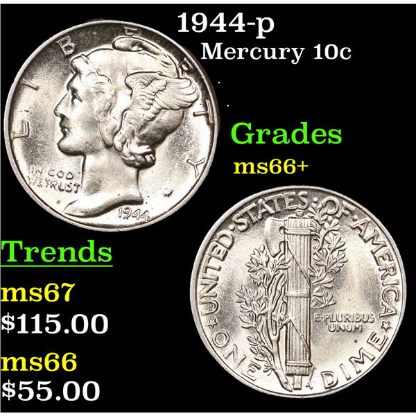 1944-p Mercury Dime 10c Grades GEM++ Unc