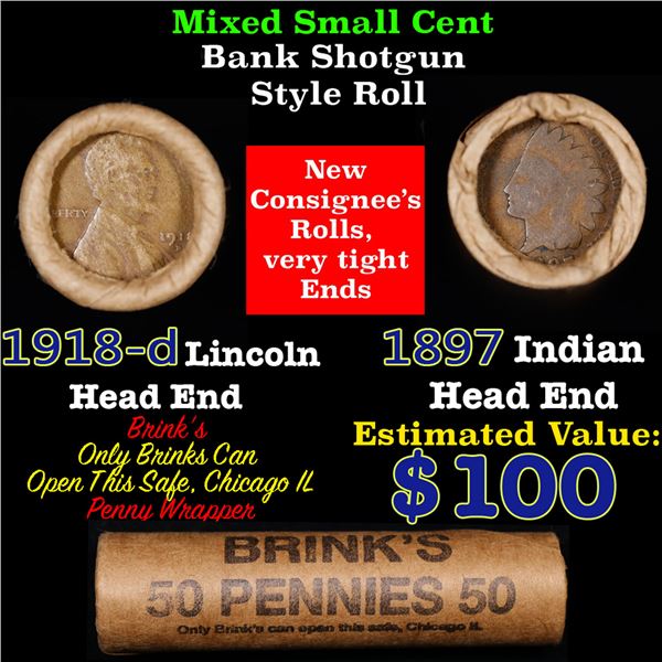 Mixed small cents 1c orig shotgun roll, 1918-D Wheat Cent, 1897 Indian Cent other end, Brinks Wrappe