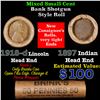 Image 1 : Mixed small cents 1c orig shotgun roll, 1918-D Wheat Cent, 1897 Indian Cent other end, Brinks Wrappe