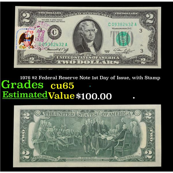 1976 $2 Federal Reserve Note 1st Day of Issue, with Stamp Grades Gem CU