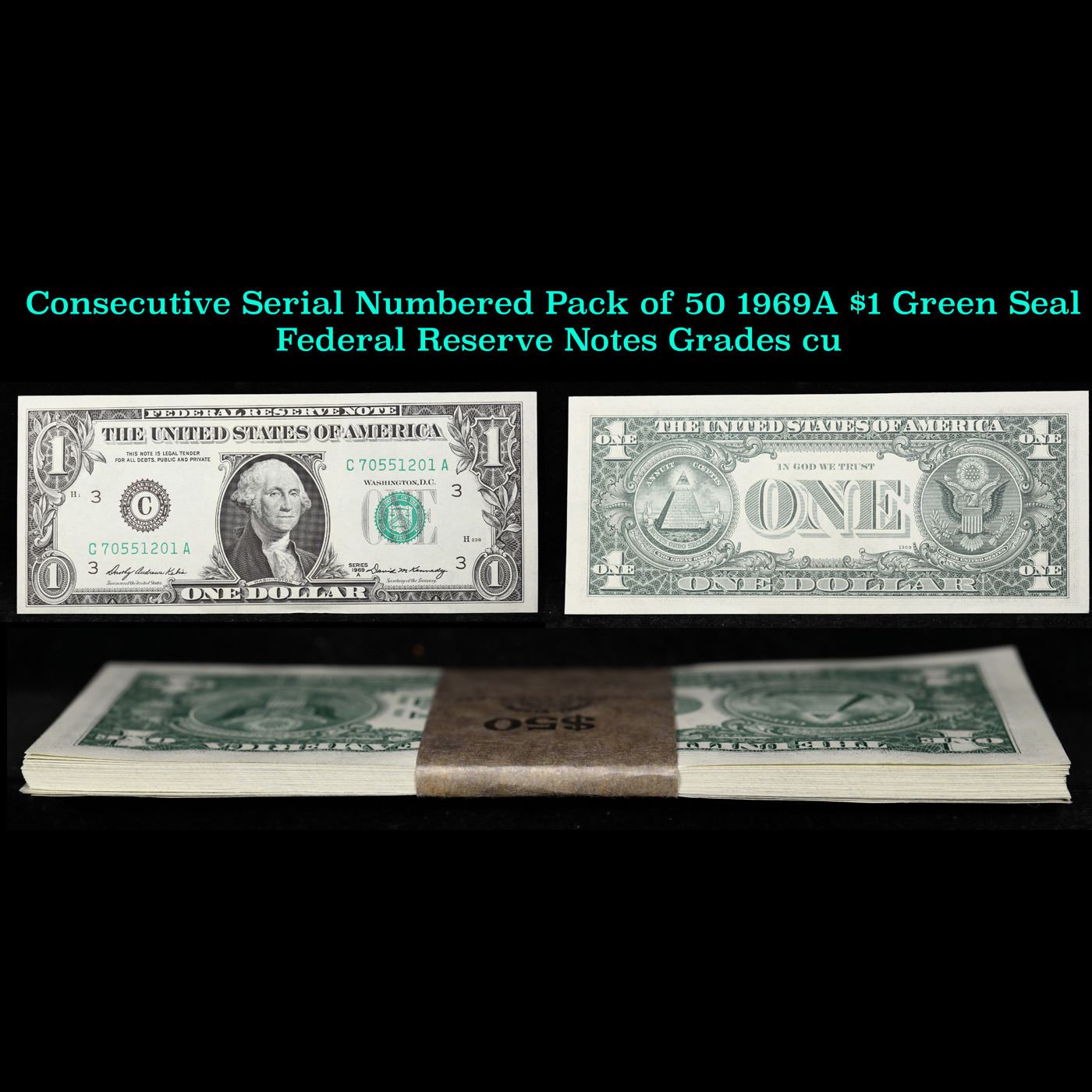Reserved Notes Consecutive Serial Numbered Pack of 50 1969A $1 Green Seal Federal ...