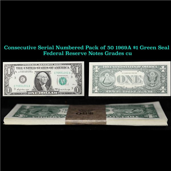Consecutive Serial Numbered Pack of 50 1969A $1 Green Seal Federal Reserve Notes Grades cu