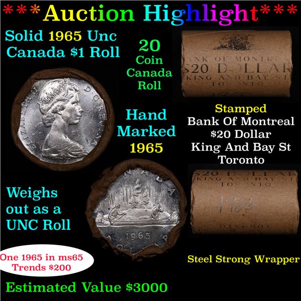 ***Auction Highlight*** Full Roll of Silver 1965 Canadian Dollar with Queen Elizabeth II, 20 Coins i