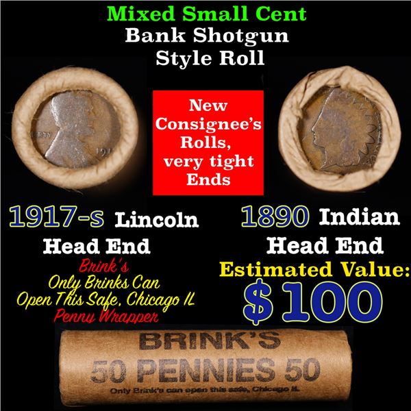 Mixed small cents 1c orig shotgun roll, 1917-S Wheat Cent, 1890 Indian Cent other end, Brinks Wrappe