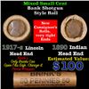 Image 1 : Mixed small cents 1c orig shotgun roll, 1917-S Wheat Cent, 1890 Indian Cent other end, Brinks Wrappe