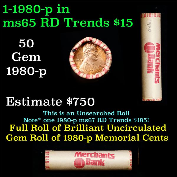 Shotgun Lincoln 1c roll,Merchants Bank Wrapper 1980-p 50 pcs
