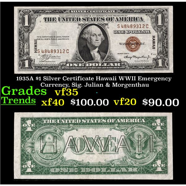 1935A $1 Silver Certificate Hawaii WWII Emergency Currency, Sig. Julian & Morgenthau Grades vf++