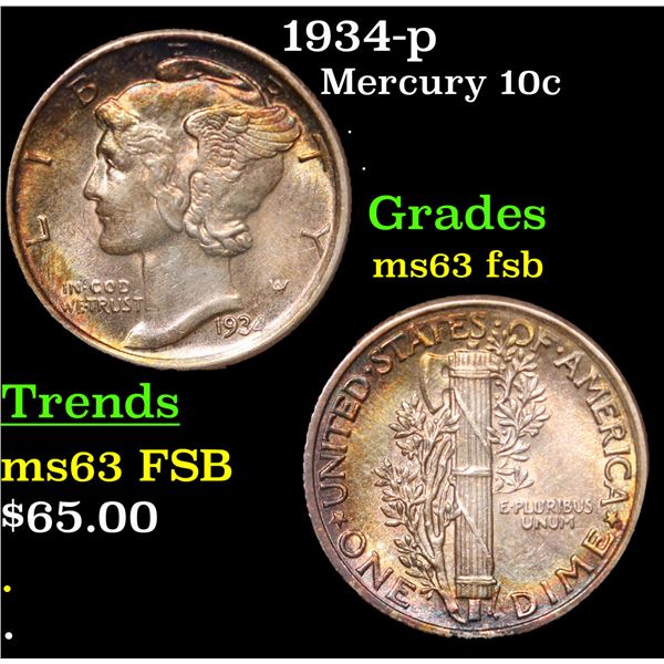 1934-p Mercury Dime 10c Grades Select Unc FSB