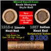 Image 1 : Mixed small cents 1c orig shotgun roll, 1918-S Wheat Cent, 1887 Indian Cent other end, Brinks Wrappe