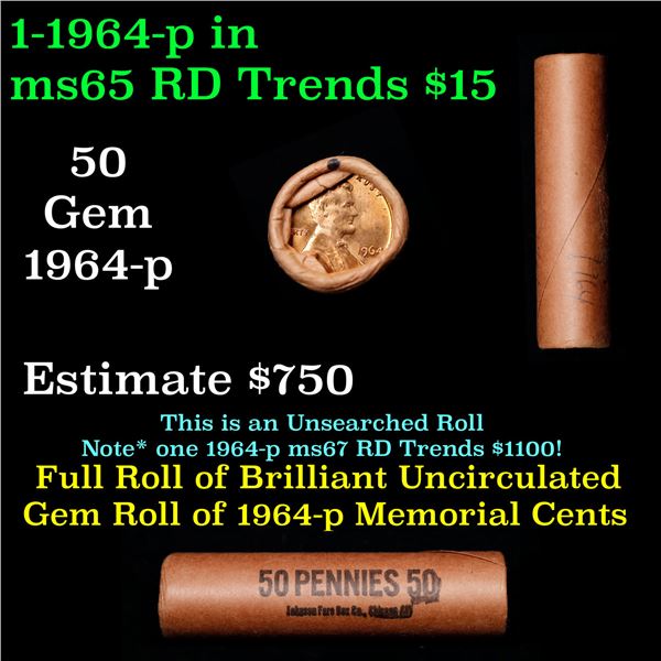 Shotgun Lincoln 1c roll, 1964-p 50 pcs Johnson Fare Wrapper.