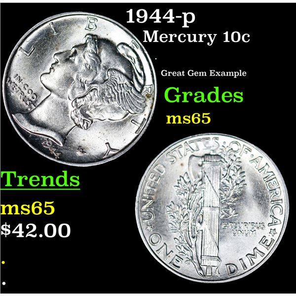 1944-p Mercury Dime 10c Grades GEM Unc