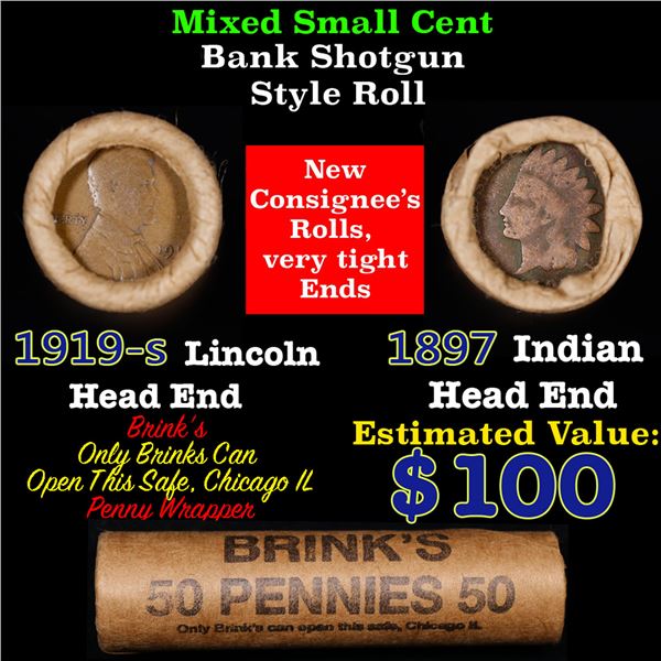 Mixed small cents 1c orig shotgun roll, 1919-S Wheat Cent, 1897 Indian Cent other end, Brinks Wrappe