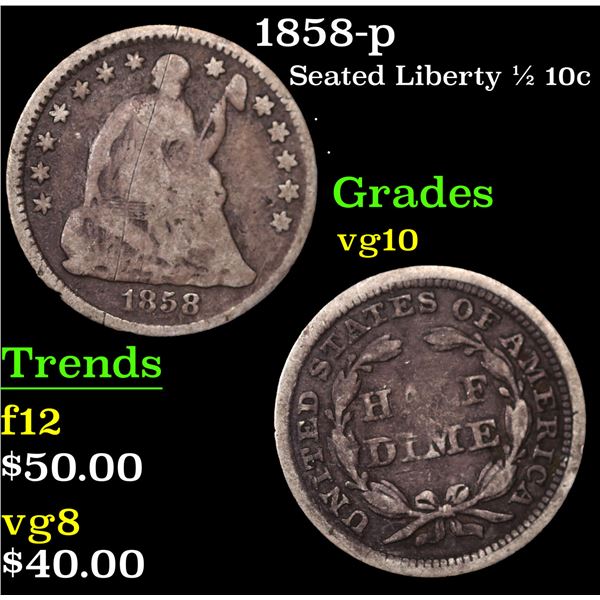 1858-p Seated Liberty Half Dime 1/2 10c Grades vg+
