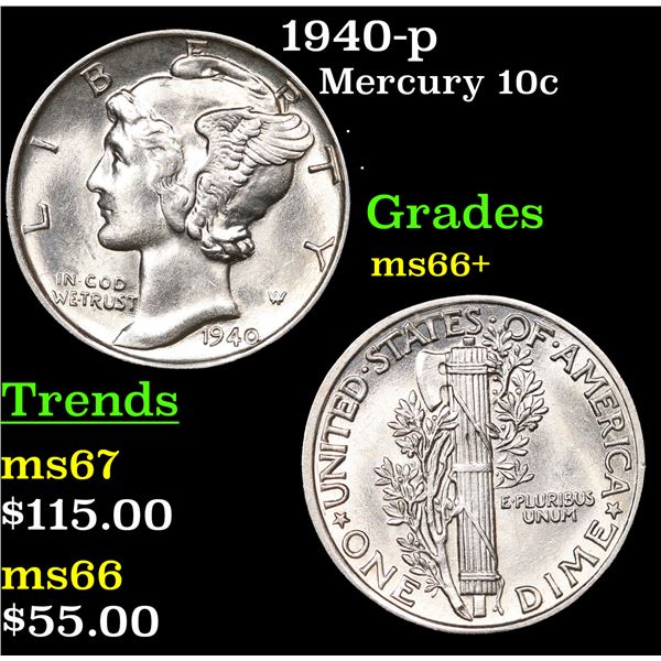 1940-p Mercury Dime 10c Grades GEM++ Unc