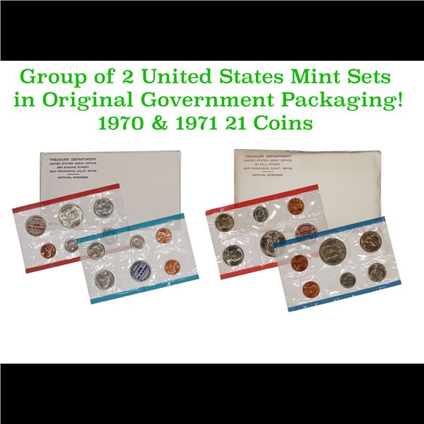 Group of 2 United States Mint Proof Sets 1970-1971. Containd 1970 Kennedy Half Dollar was struck in