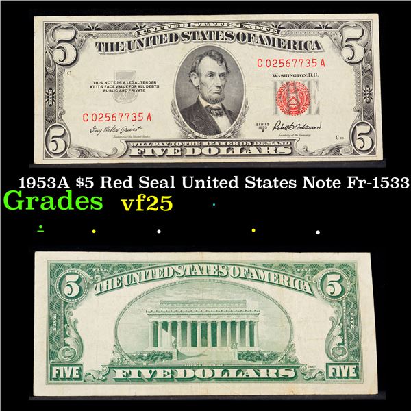 1953A $5 Red Seal United States Note Fr-1533 Grades vf+